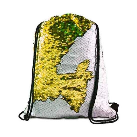 Mochila Saco de Lantejoulas Branca e Dourado Sublimtica - 44x34cm