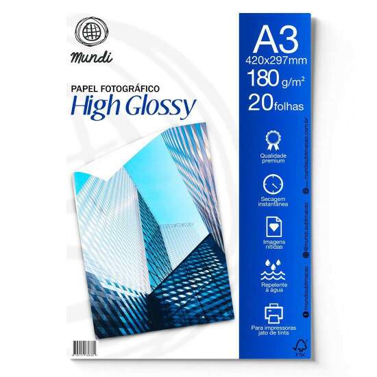 Papel Fotogrfico Glossy (Brilho) A3 180g - 20 Folhas