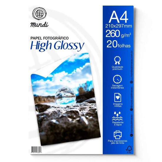 Papel Fotogrfico Glossy (Brilho) A4 260g - 20 Folhas