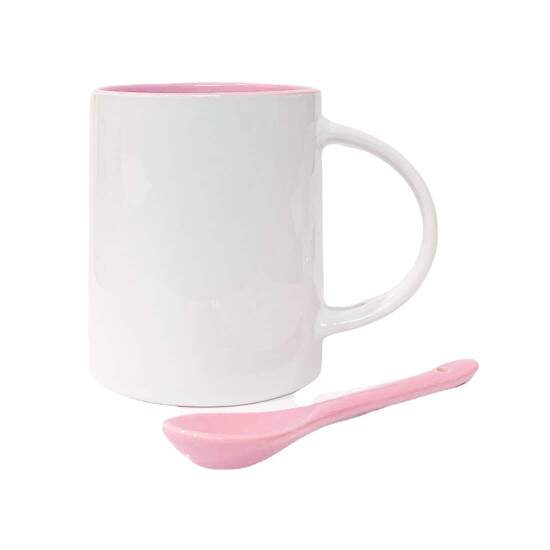 Caneca de Cermica Reta com Interior e Colher Rosa para Sublimao - 325ml