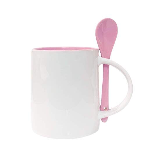 Caneca de Cermica Reta com Interior e Colher Rosa para Sublimao - 325ml