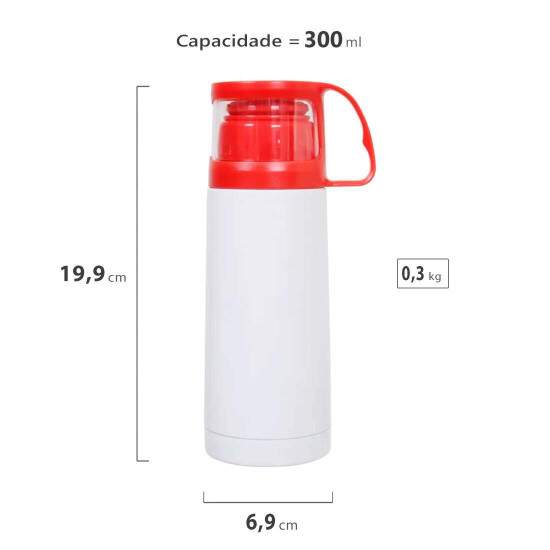 Garrafa Trmica de Inox Branco com Copo e Bico Vermelho para Sublimao - 300ml