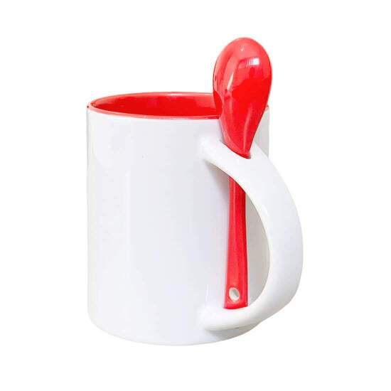 Caneca de Cermica Reta com Interior e Colher Vermelha para Sublimao - 325ml