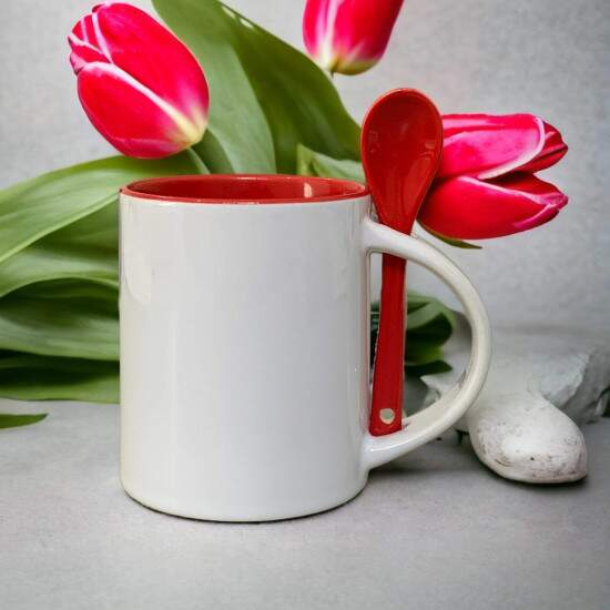 Caneca de Cermica Reta com Interior e Colher Vermelha para Sublimao - 325ml