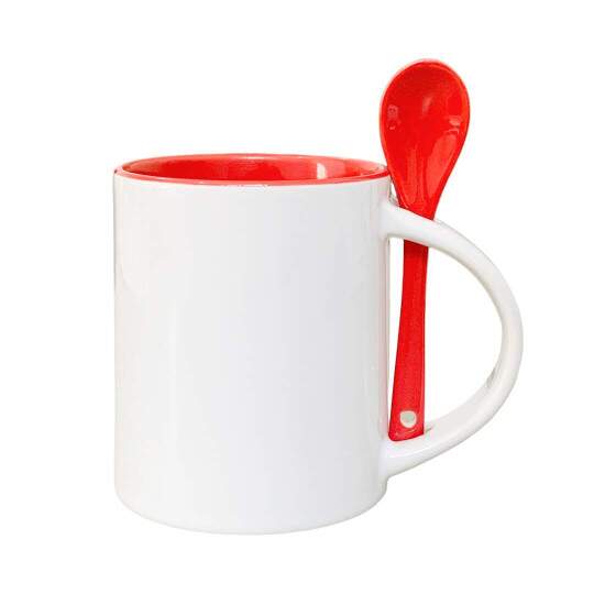 Caneca de Cermica Reta com Interior e Colher Vermelha para Sublimao - 325ml