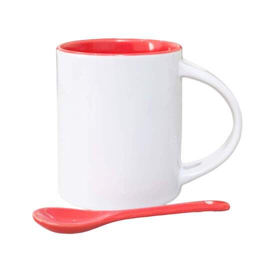 Caneca de Cermica Reta com Interior e Colher Vermelha para Sublimao - 325ml