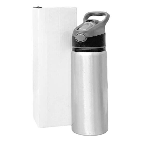 Squeeze de Alumnio Prata com Bico Automtico e Tampa Preta para Sublimao - 600ml
