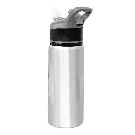 Squeeze de Alumnio Prata com Bico Automtico e Tampa Preta para Sublimao - 600ml