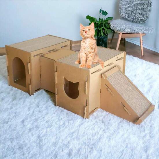 Toca Labirinto de Papelo com Rampa e Arranhador para Gatos - 19x30cm