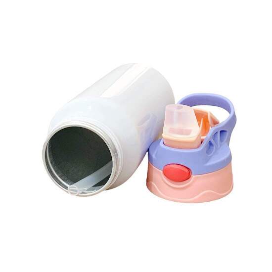 Squeeze de Alumnio Branco Infantil com Bico Automtico, Tampa Rosa e Ala Roxa para Sublimao - 500ml