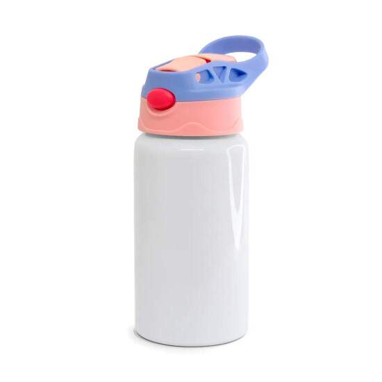 Squeeze de Alumnio Branco Infantil com Bico Automtico, Tampa Rosa e Ala Roxa para Sublimao - 500ml