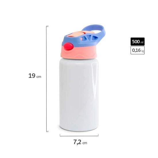 Squeeze de Alumnio Branco Infantil com Bico Automtico, Tampa Rosa e Ala Roxa para Sublimao - 500ml