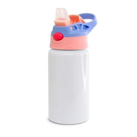 Squeeze de Alumnio Branco Infantil com Bico Automtico, Tampa Rosa e Ala Roxa para Sublimao - 500ml