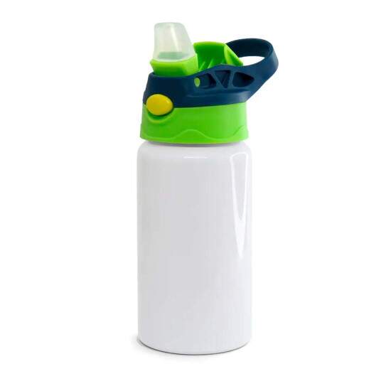 Squeeze de Alumnio Branco Infantil com Bico Automtico, Tampa Verde e Ala Azul para Sublimao - 500ml