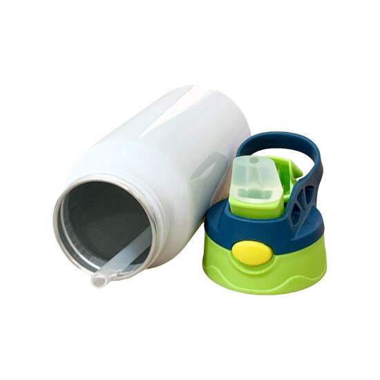 Squeeze de Alumnio Branco Infantil com Bico Automtico, Tampa Verde e Ala Azul para Sublimao - 500ml