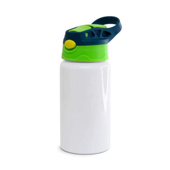 Squeeze de Alumnio Branco Infantil com Bico Automtico, Tampa Verde e Ala Azul para Sublimao - 500ml
