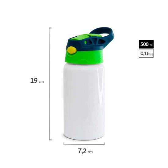 Squeeze de Alumnio Branco Infantil com Bico Automtico, Tampa Verde e Ala Azul para Sublimao - 500ml