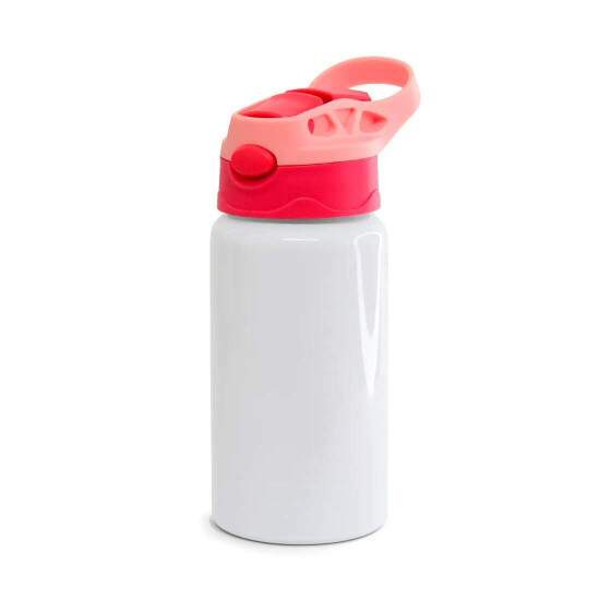 Squeeze de Alumnio Branco Infantil com Bico Automtico, Tampa Vermelha e Ala Rosa para Sublimao - 500ml