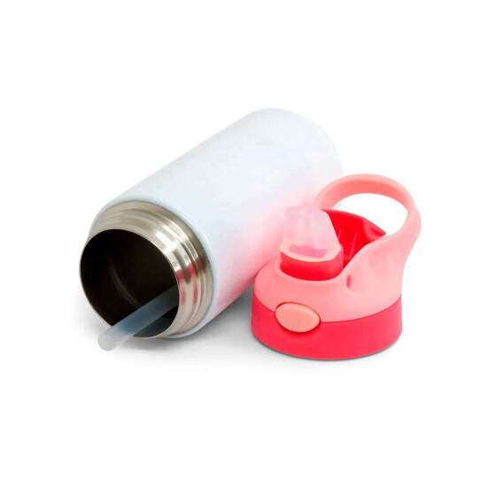 Squeeze de Alumnio Branco Infantil com Bico Automtico, Tampa Vermelha e Ala Rosa para Sublimao - 500ml