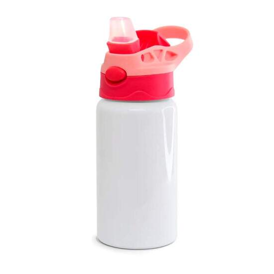 Squeeze de Alumnio Branco Infantil com Bico Automtico, Tampa Vermelha e Ala Rosa para Sublimao - 500ml