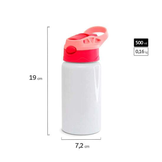 Squeeze de Alumnio Branco Infantil com Bico Automtico, Tampa Vermelha e Ala Rosa para Sublimao - 500ml