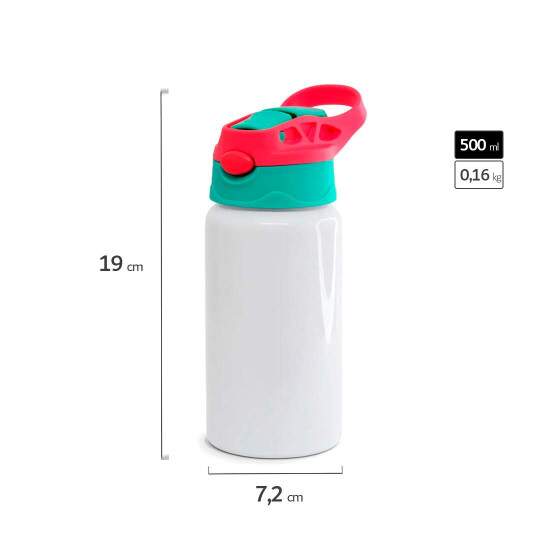 Squeeze de Alumnio Branco Infantil com Bico Automtico, Tampa Verde e Ala Vermelha para Sublimao - 500ml