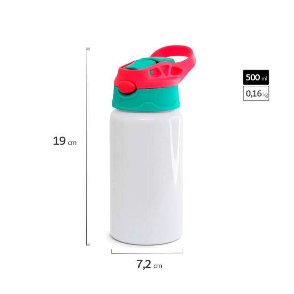 Squeeze de Alumnio Branco Infantil com Bico Automtico, Tampa Verde e Ala Vermelha para Sublimao - 500ml