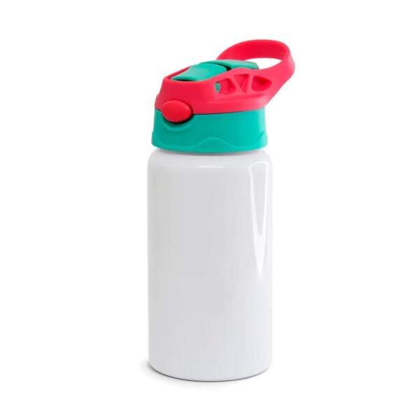 Squeeze de Alumnio Branco Infantil com Bico Automtico, Tampa Verde e Ala Vermelha para Sublimao - 500ml