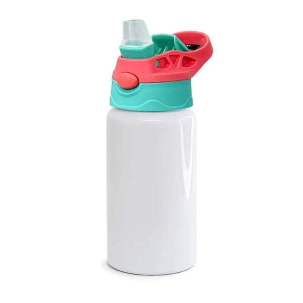 Squeeze de Alumnio Branco Infantil com Bico Automtico, Tampa Verde e Ala Vermelha para Sublimao - 500ml