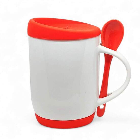 Caneca de Cermica Branca e Colher Vermelha com Tampa e Base em Silicone para Sublimao - 325ml