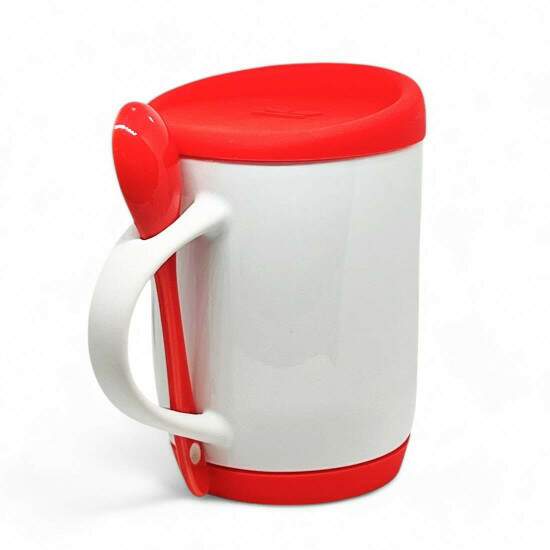 Caneca de Cermica Branca e Colher Vermelha com Tampa e Base em Silicone para Sublimao - 325ml