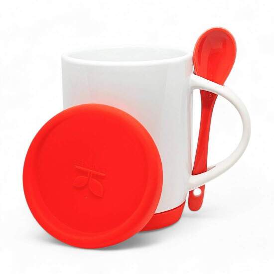Caneca de Cermica Branca e Colher Vermelha com Tampa e Base em Silicone para Sublimao - 325ml