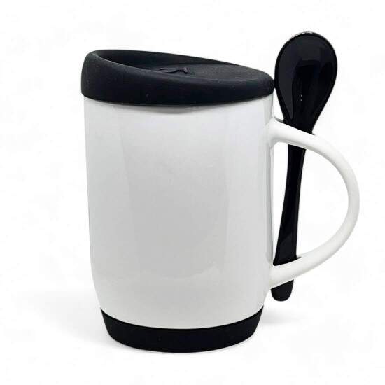 Caneca de Cermica Branca e Colher Preta com Tampa e Base em Silicone para Sublimao - 325ml