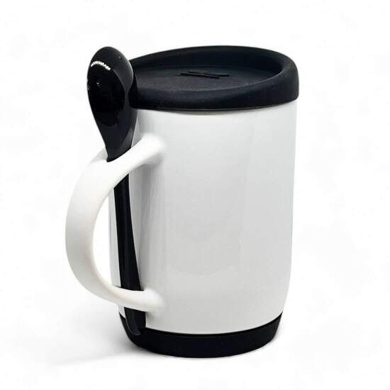 Caneca de Cermica Branca e Colher Preta com Tampa e Base em Silicone para Sublimao - 325ml