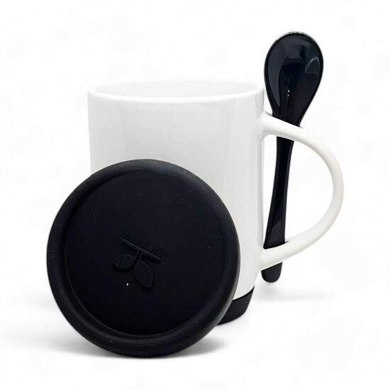 Caneca de Cermica Branca e Colher Preta com Tampa e Base em Silicone para Sublimao - 325ml