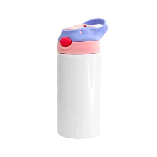 Squeeze Trmico de Inox Branco Infantil com Bico Automtico, Tampa Rosa e Ala Roxa para Sublimao - 350ml