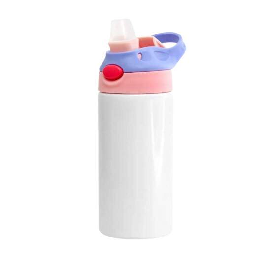Squeeze Trmico de Inox Branco Infantil com Bico Automtico, Tampa Rosa e Ala Roxa para Sublimao - 350ml