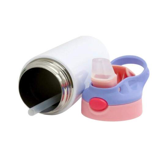 Squeeze Trmico de Inox Branco Infantil com Bico Automtico, Tampa Rosa e Ala Roxa para Sublimao - 350ml