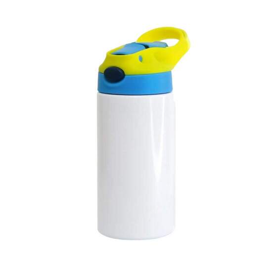 Squeeze Trmico de Inox Branco Infantil com Bico Automtico, Tampa Azul e Ala Amarela para Sublimao - 350ml
