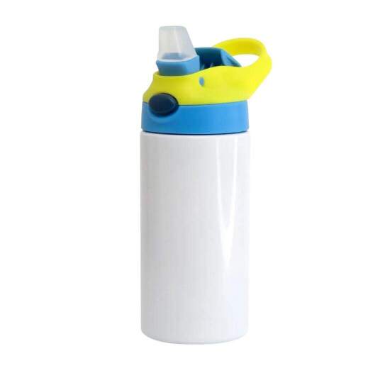 Squeeze Trmico de Inox Branco Infantil com Bico Automtico, Tampa Azul e Ala Amarela para Sublimao - 350ml