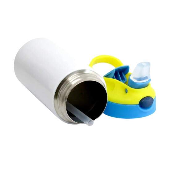 Squeeze Trmico de Inox Branco Infantil com Bico Automtico, Tampa Azul e Ala Amarela para Sublimao - 350ml
