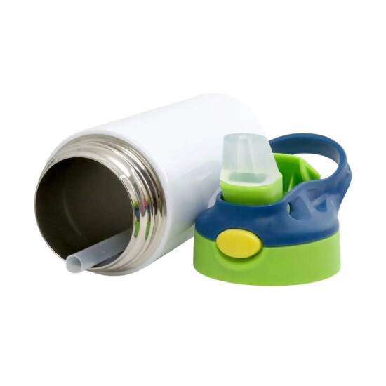 Squeeze Trmico de Inox Branco Infantil com Bico Automtico, Tampa Verde e Ala Azul para Sublimao - 350ml