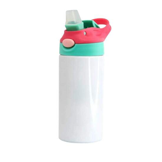 Squeeze Trmico de Inox Branco Infantil com Bico Automtico, Tampa Verde e Ala Vermelho para Sublimao - 350ml