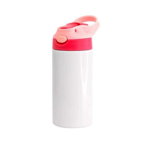 Squeeze Trmico de Inox Branco Infantil com Bico Automtico, Tampa Vermelha e Ala Rosa para Sublimao - 350ml