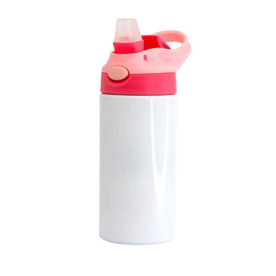 Squeeze Trmico de Inox Branco Infantil com Bico Automtico, Tampa Vermelha e Ala Rosa para Sublimao - 350ml