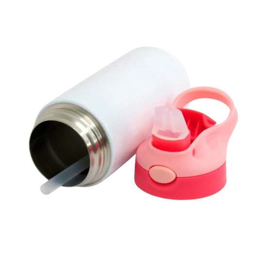 Squeeze Trmico de Inox Branco Infantil com Bico Automtico, Tampa Vermelha e Ala Rosa para Sublimao - 350ml