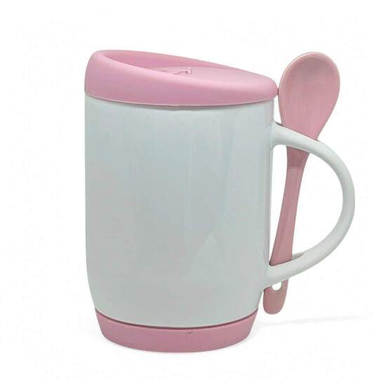 Caneca de Cermica Branca e Colher Rosa com Tampa e Base em Silicone para Sublimao - 325ml