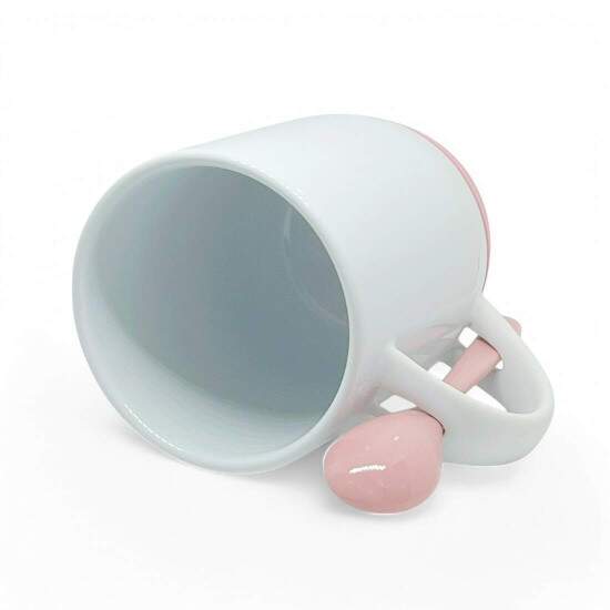 Caneca de Cermica Branca e Colher Rosa com Tampa e Base em Silicone para Sublimao - 325ml
