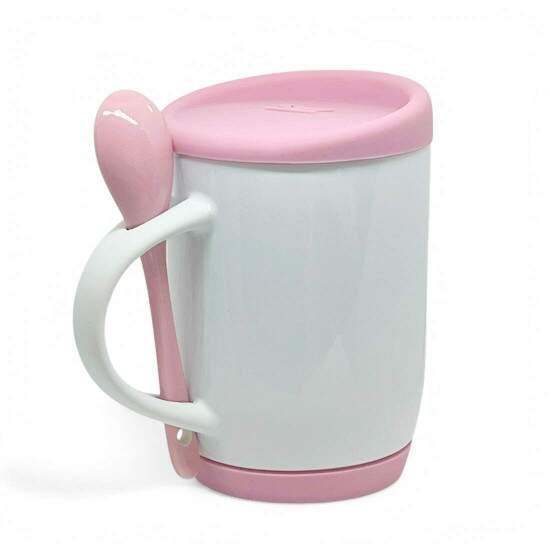 Caneca de Cermica Branca e Colher Rosa com Tampa e Base em Silicone para Sublimao - 325ml