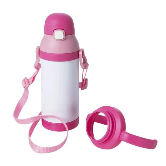 Garrafa Trmica em Ao Inox Branco com Pegador Infantil e Ala Corda Rosa para Sublimao - 330ml